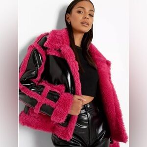 Nasty Gal Pink Black Faux Fur Vinyl Jacket Sz 4 NWOT Barbiecore Y2K